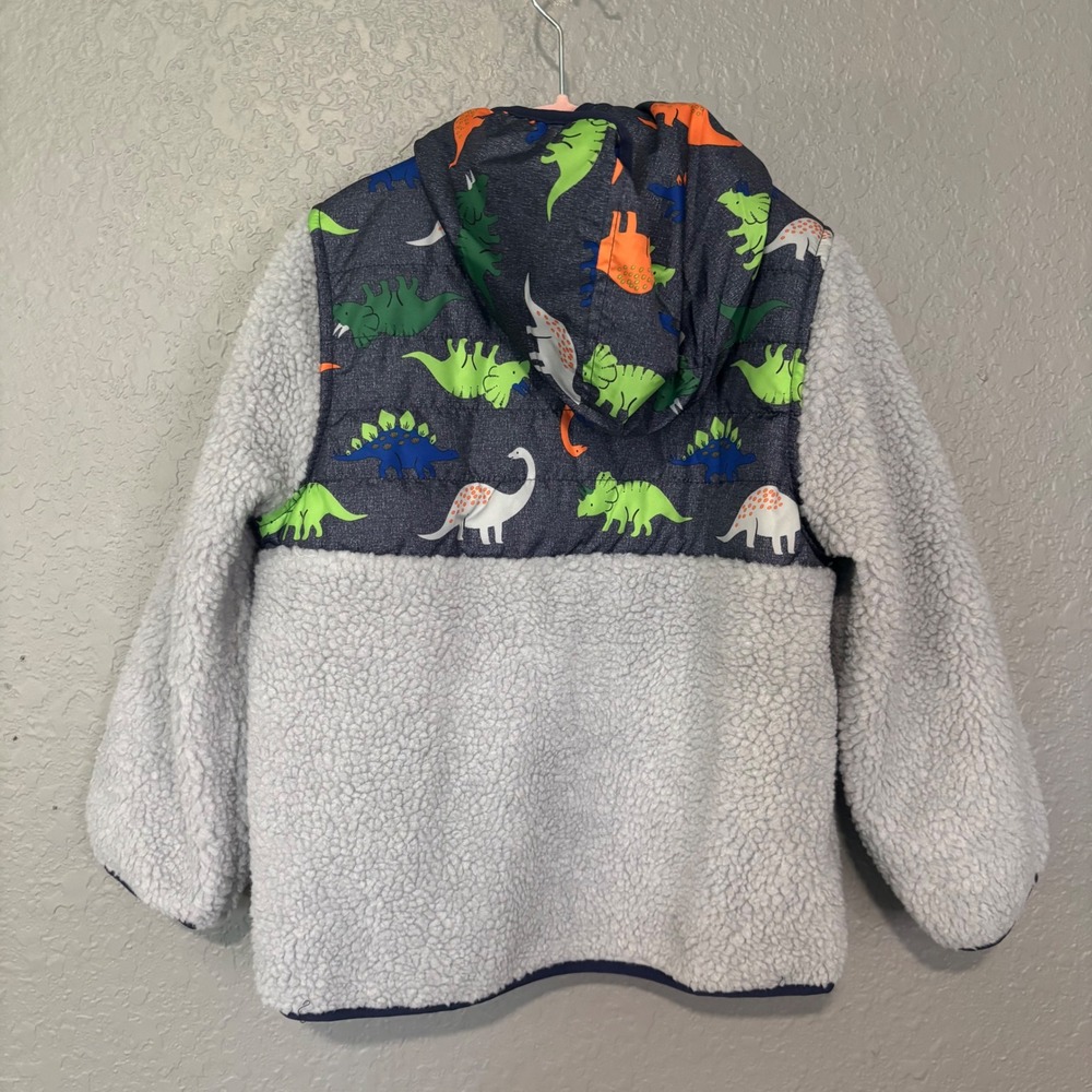 1 Madison Boys Dinosaur Fleece Hoodie Grey Sherpa Quilted Pullover Size 5